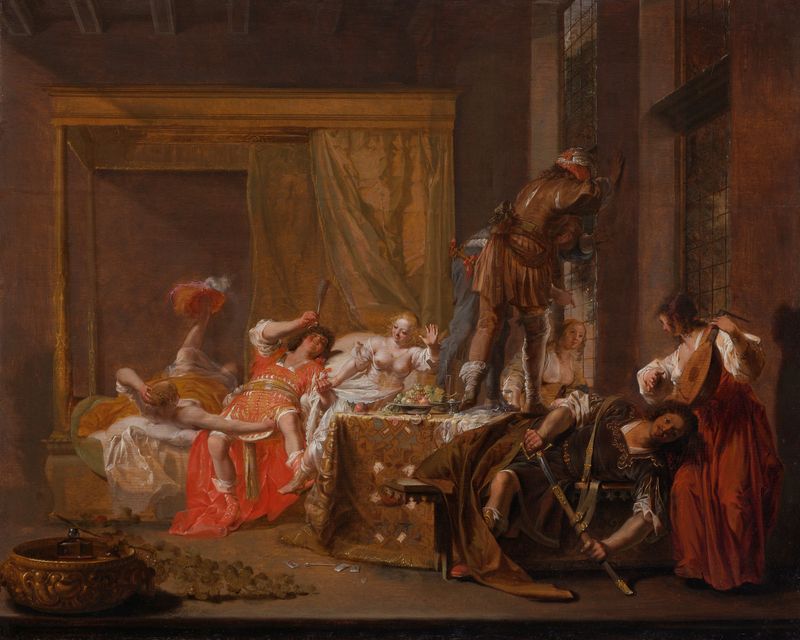 Escena histórica de un banquete de boda, óleo sobre panel de Nicolaes Knupfer