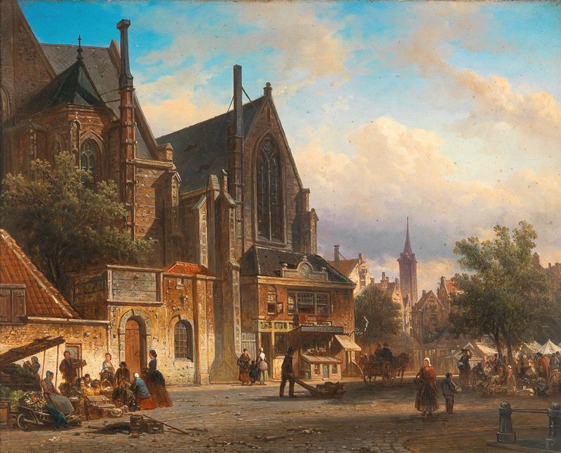 Genre scene depicting a Dutch market with fresh produce by Elias Pieter van Bommel, oil painting