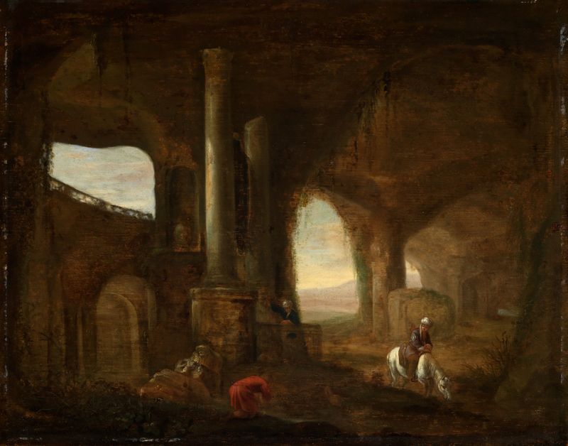 Interior scene with ruins and figures, oil painting by Abraham van Cuylenborch