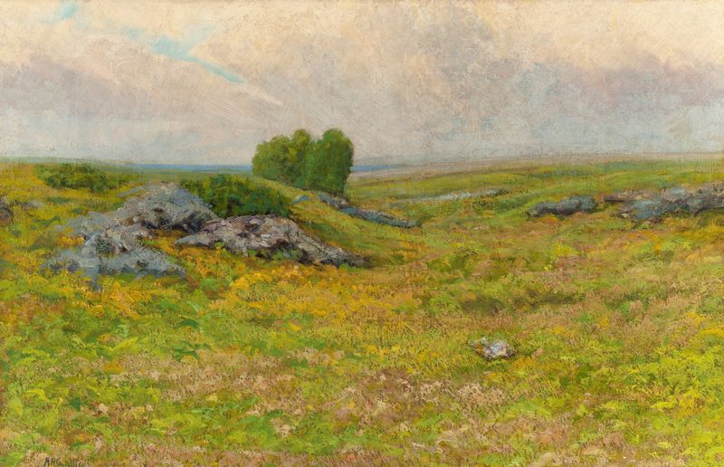 Pastoral Landscape de Henry Hammond Gallison, óleo sobre lienzo que muestra colinas y un cielo brumoso.