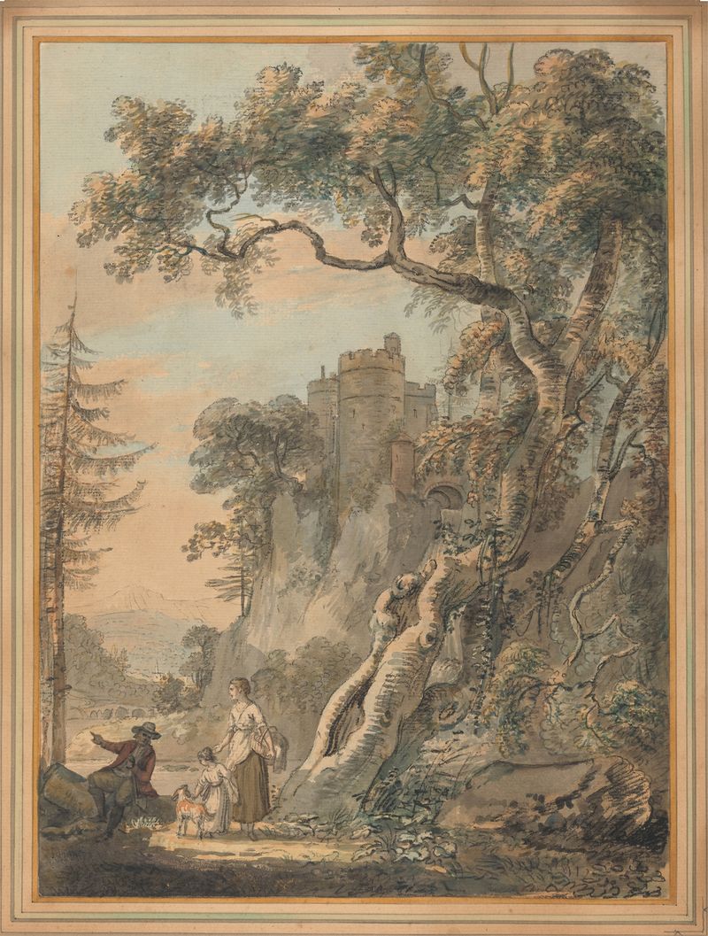 Paisagem romântica com camponeses perto de um castelo de Paul Sandby