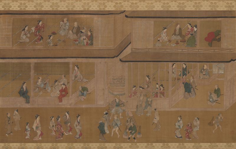 Shin Yoshiwara Genre Scene by Hishikawa Moronobu, ink and color on silk