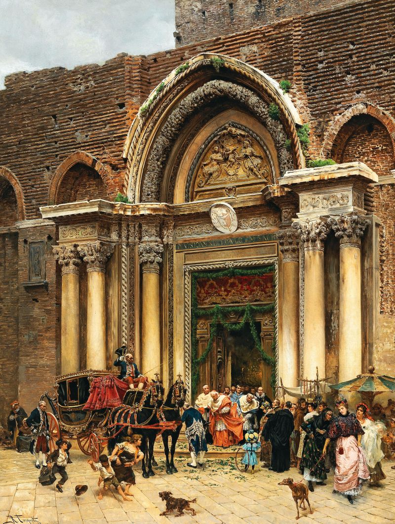 Historical scene of the patriarch leaving San Giovanni E Paolo, oil on canvas by Ramón Tusquets