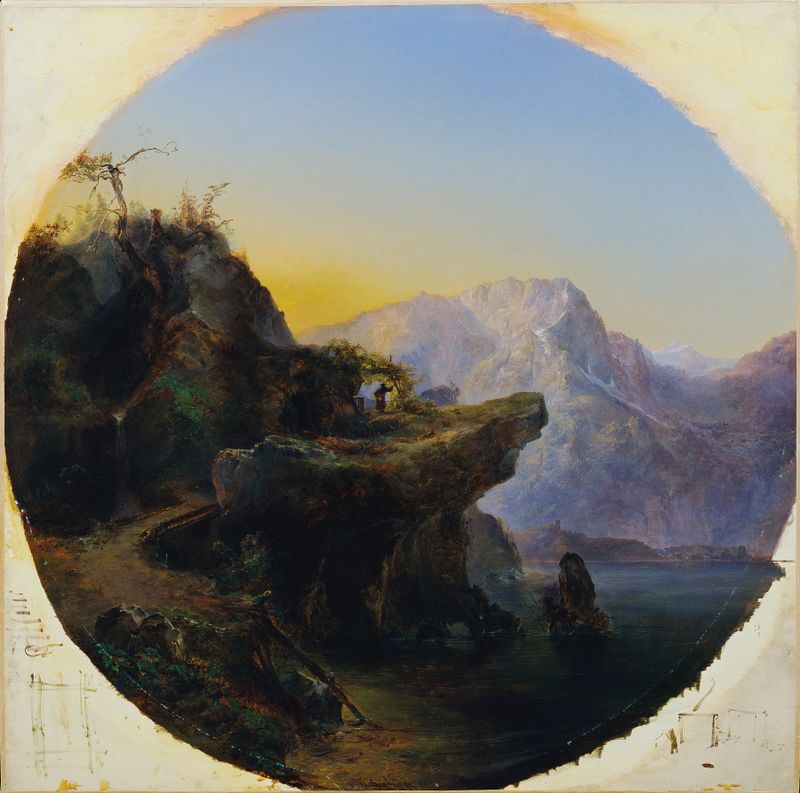 Figurative scene of a hermit in a landscape, oil painting by Carl Geyling
