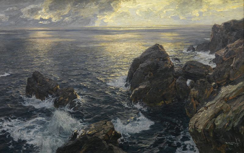 Escena marina que representa el océano y el horizonte por Willy Hamacher, pintura al óleo