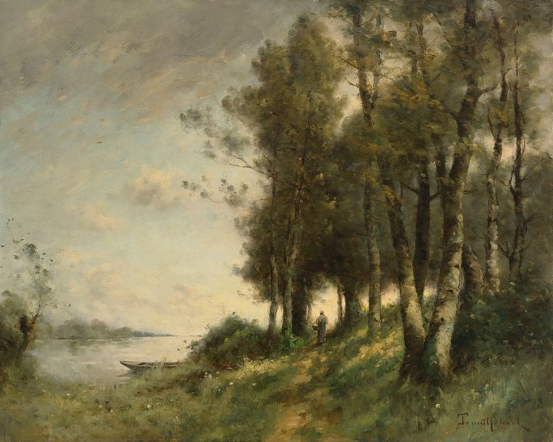 oil painting by Paul Désiré Trouillebert depicting a woman seated by the water's edge