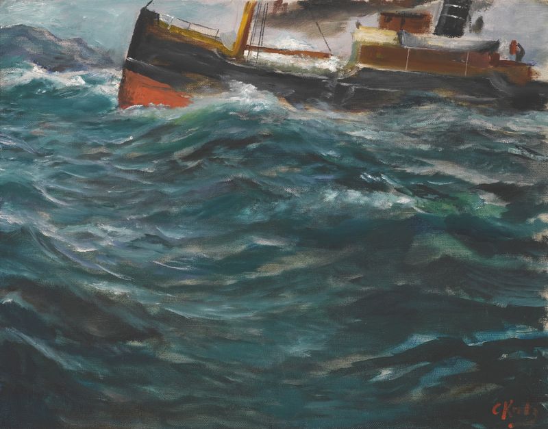 A Ship In Rough Seas by Christian Krohg, oil painting depicting a ship battling stormy waves.