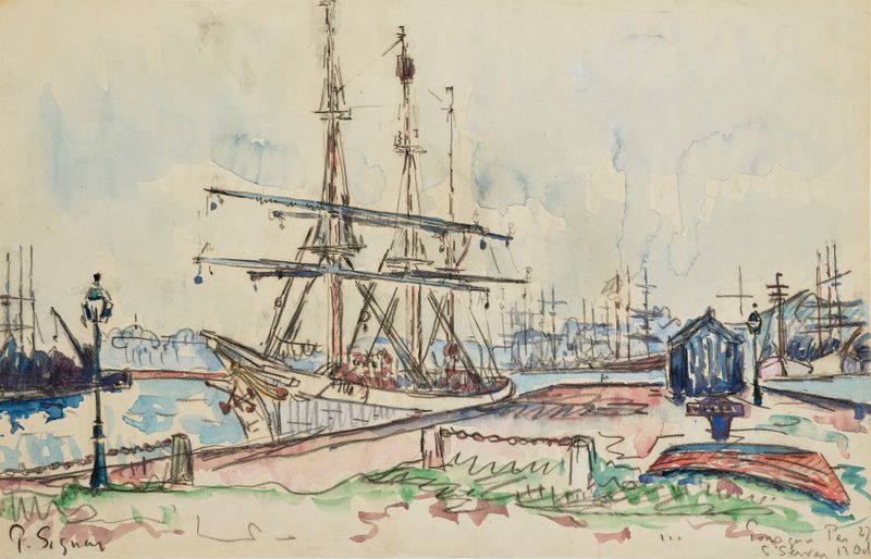 Saint-Servan. Le Pourquoi Pas de Paul Signac, óleo sobre tela, retratando um porto tranquilo com barcos.