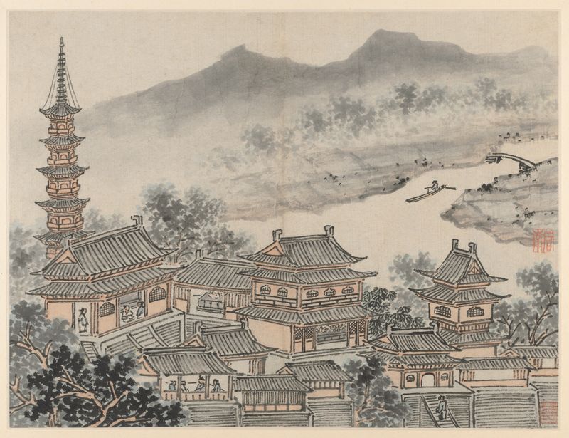 The Thousand Buddha Hall and pagoda, Chinese Traditional, by Shen Zhou