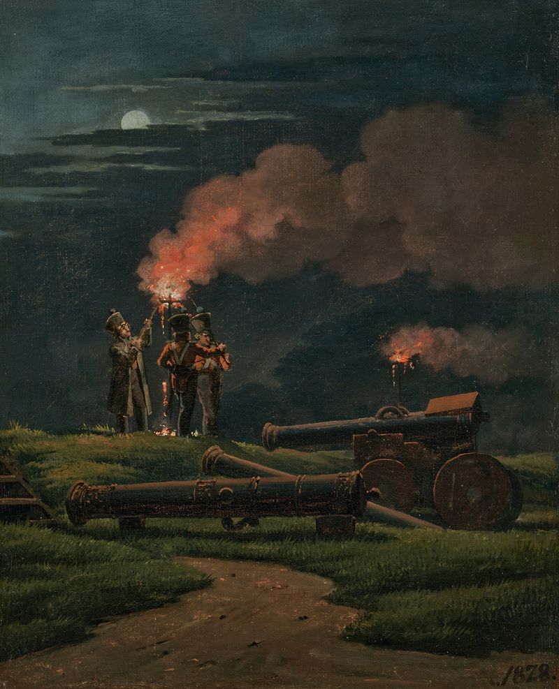 Escena histórica con soldados y antorchas, óleo sobre lienzo de Martinus Rørbye