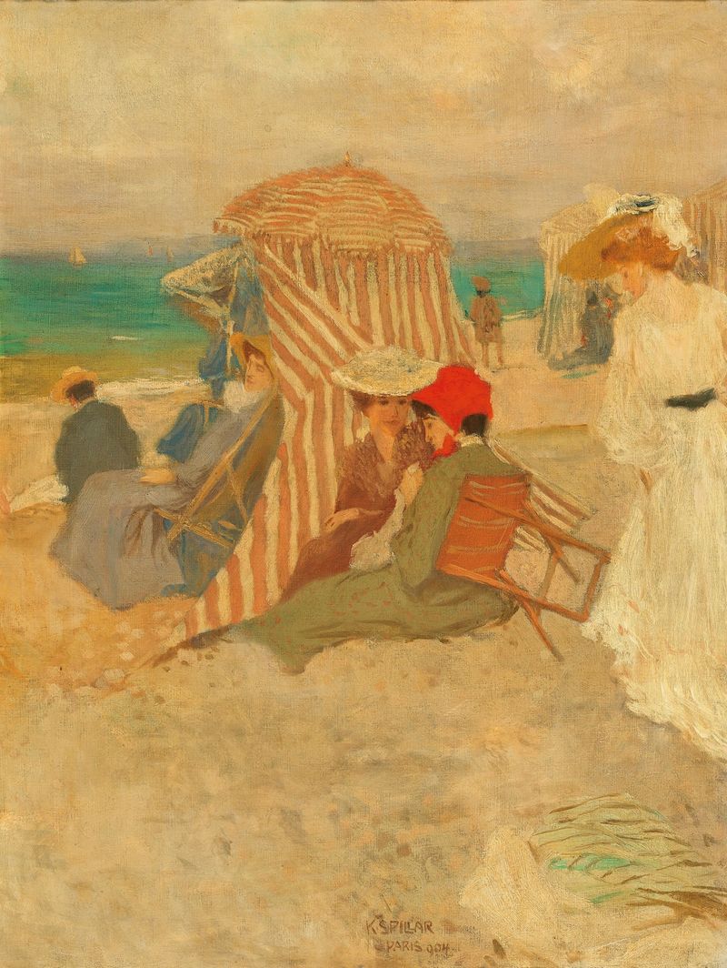 On the Beach de Karel Špillar, óleo sobre lienzo que representa figuras serenas en la orilla.