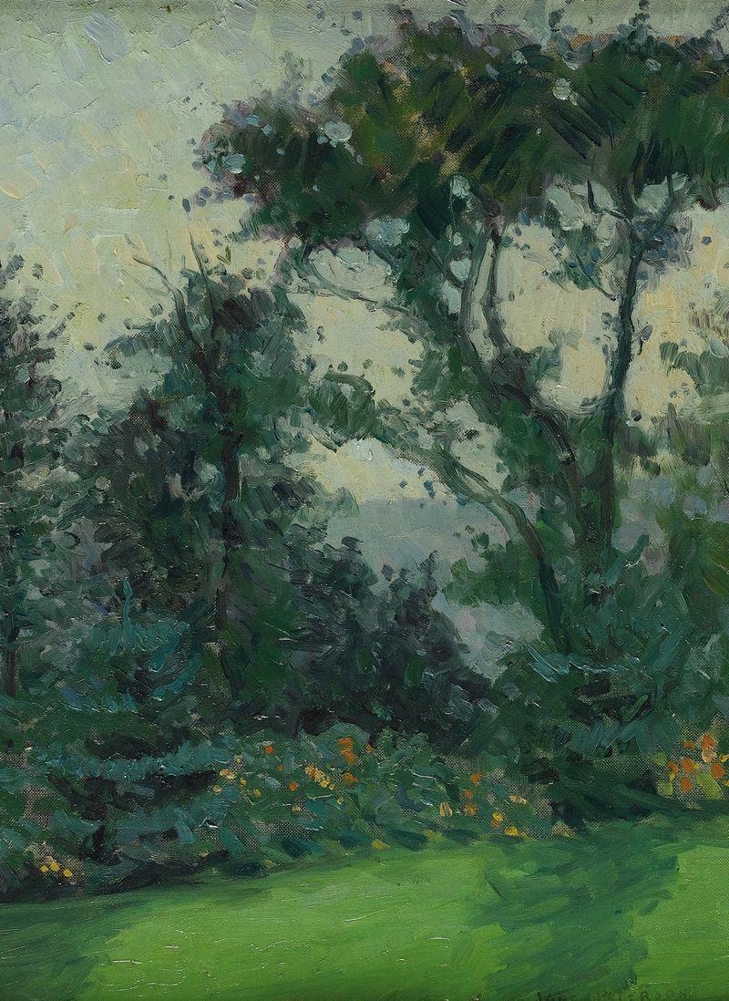 Escena botánica con flores y una mujer en el Jardín de Louis Comfort Tiffany de Jane Peterson, c. 1911