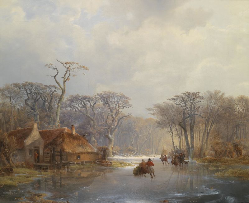 Wintervergnügen by Carl Hilgers, depicting a winter landscape with skaters, oil painting