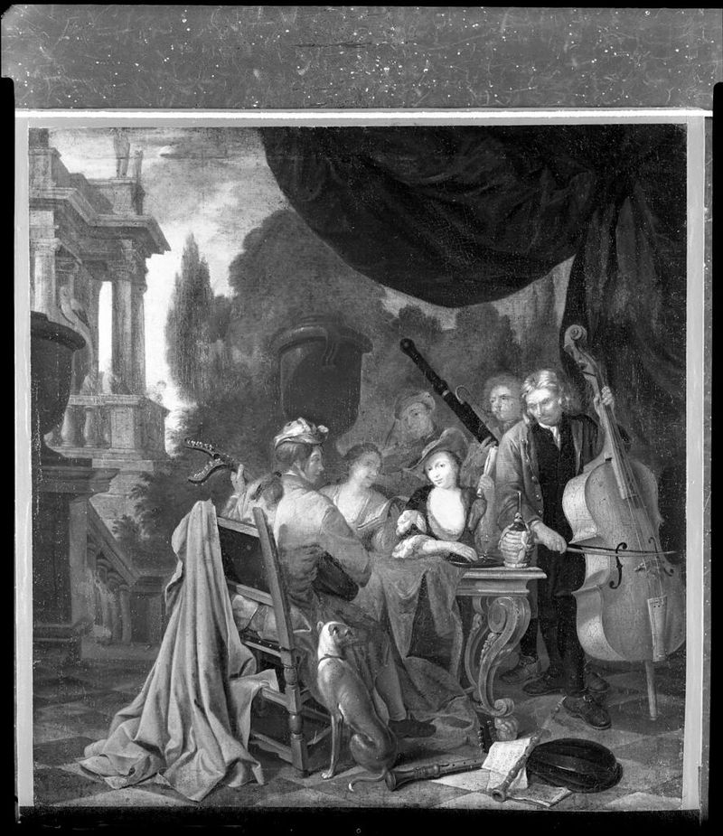 A Musical Party, óleo sobre lienzo de Jan Josef Horemans I, con músicos y asistentes elegantemente vestidos.