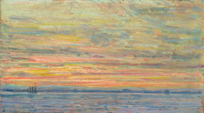 Evening de Childe Hassam, óleo sobre lienzo que representa el crepúsculo sobre aguas brillantes.