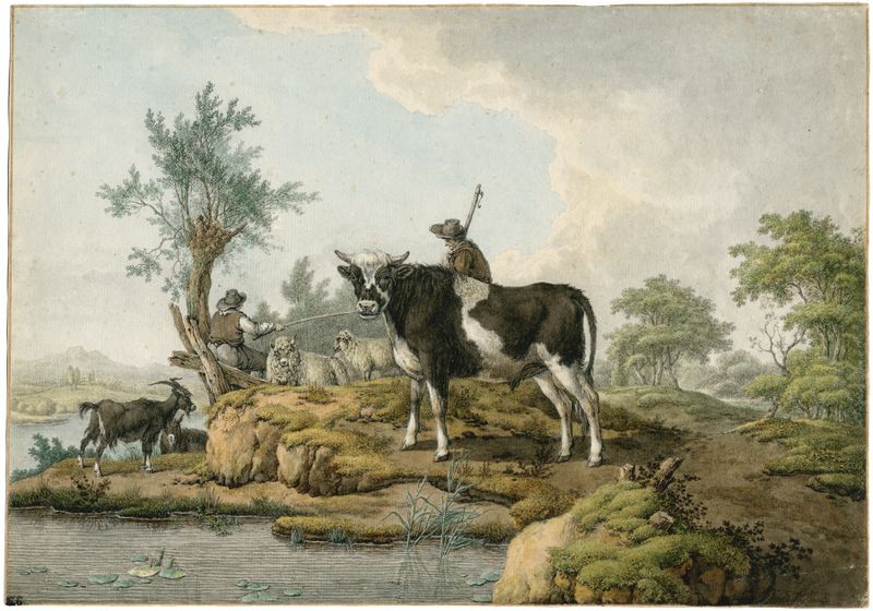 Genre scene depicting a young bull and cattle by the river, oil painting by Barend Hendrik Thier