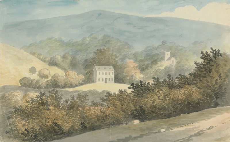 Hilly landscape with house, oil painting by Edward Francis Burney