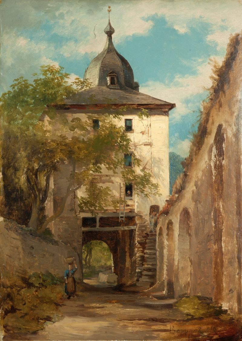 The Town Gate, Boppart by Joseph Magnus Stäck, oil on canvas depicting a vibrant landscape.
