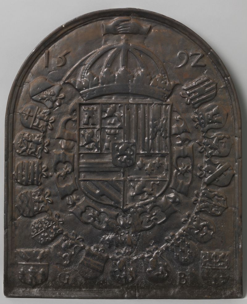Grabado con el emblema de Felipe II rodeado de escudos de armas, artista desconocido