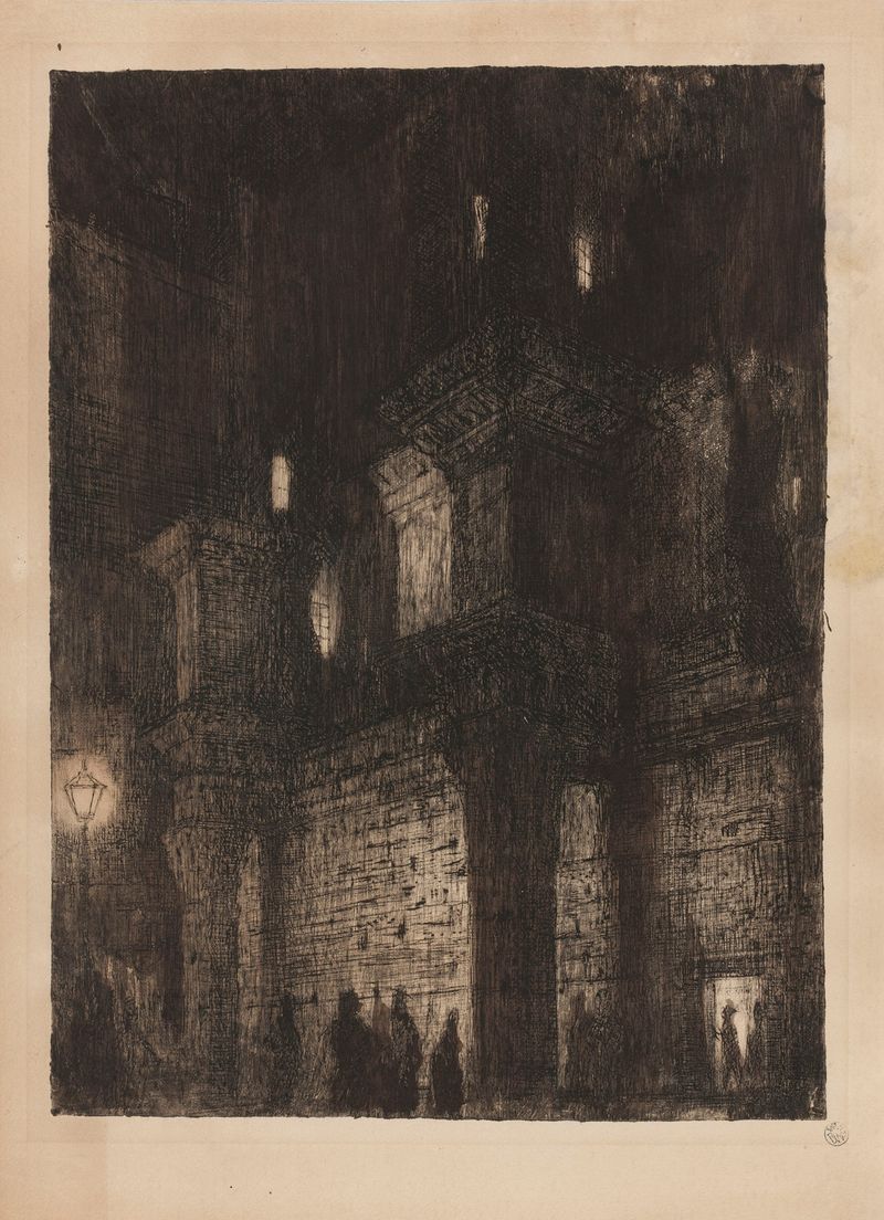 Forum Nervae, bronze sculpture by Feliks Jabłczyński, showcasing light and shadow on ancient columns.