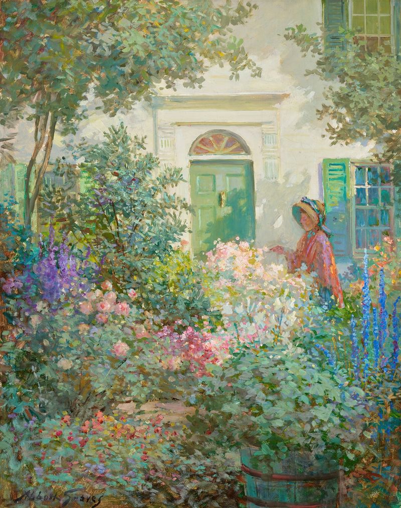 New England Doorway by Abbott Fuller Graves, oil on canvas, features a weathered doorway with lush foliage.