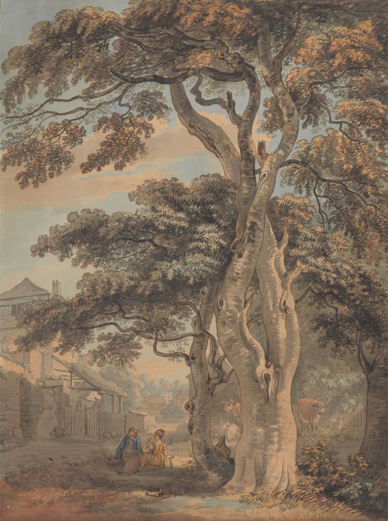 Casal em um curral, pintura a óleo de Paul Sandby