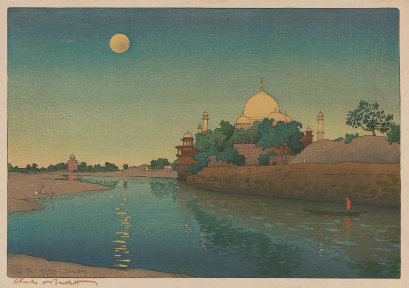 Cena do crepúsculo do Taj Mahal refletindo na água, pintura a óleo de Charles William Bartlett