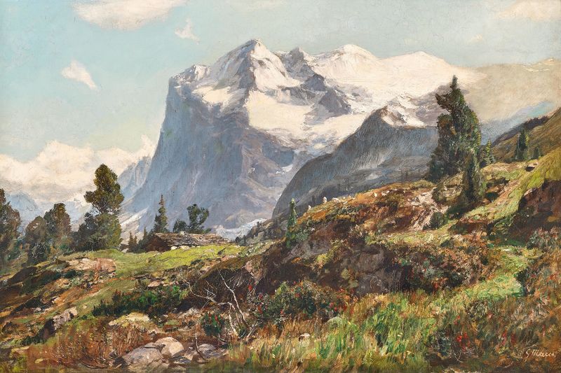 Wetterhorn bei Grindelwald by Georg Macco, oil on canvas depicting rugged cliffs and snow-capped mountains.