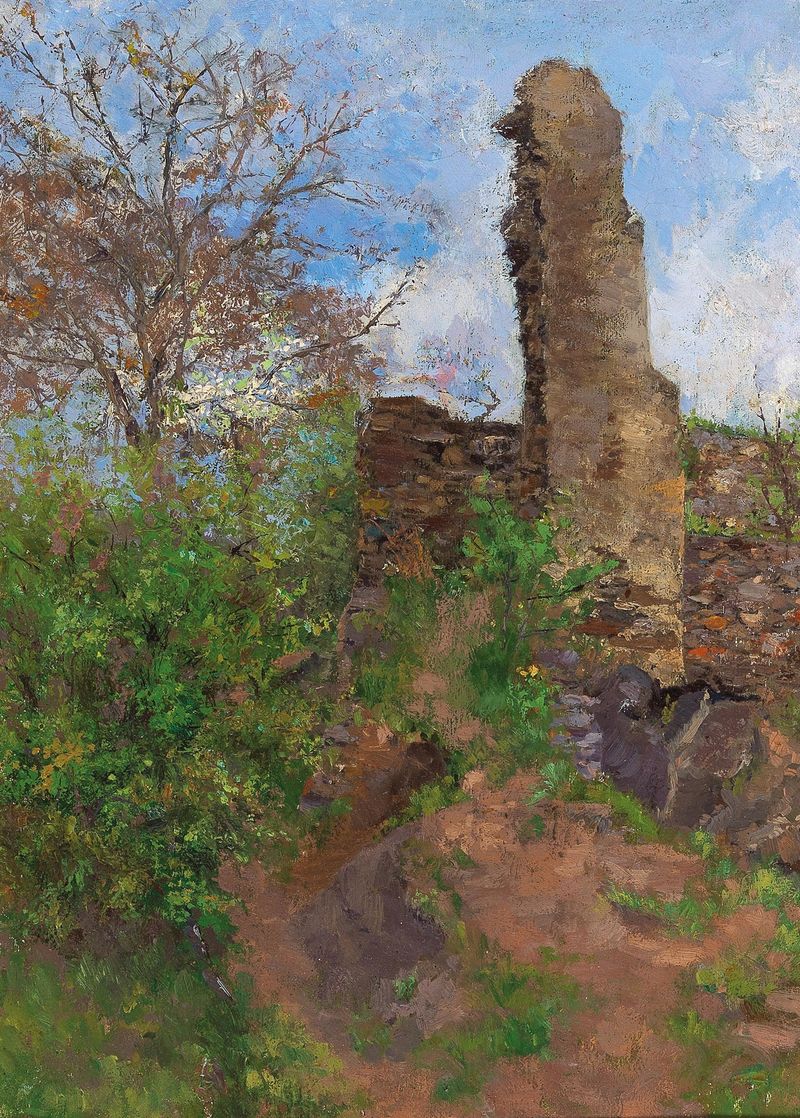 Wachau, Town Wall in Stein de Wilhelm Gause, pintura a óleo que retrata uma paisagem serena com muro de pedra.