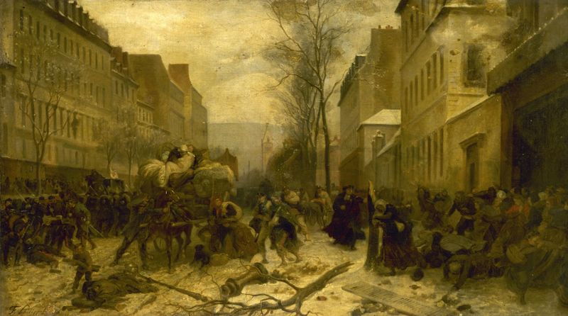 óleo sobre tela de Henri Félix Emmanuel Philippoteaux retratando uma rua bombardeada em Paris
