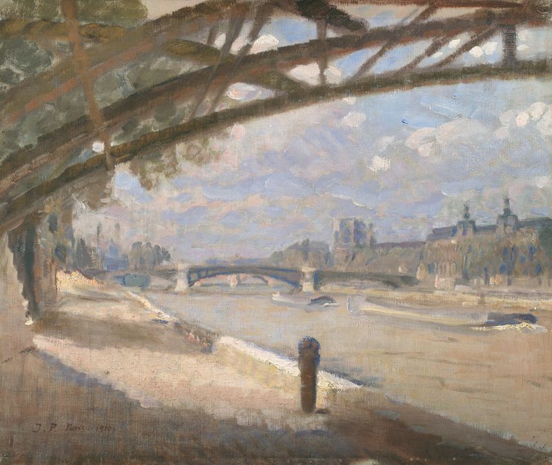 Under the Pont des Arts, Paris. Noon, oil on canvas by Julius Paulsen depicting a serene river landscape.