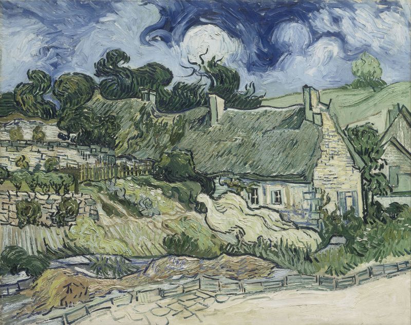 Cottages com telhado de palha em Cordeville de Vincent van Gogh, óleo sobre tela mostrando cottages e céu.