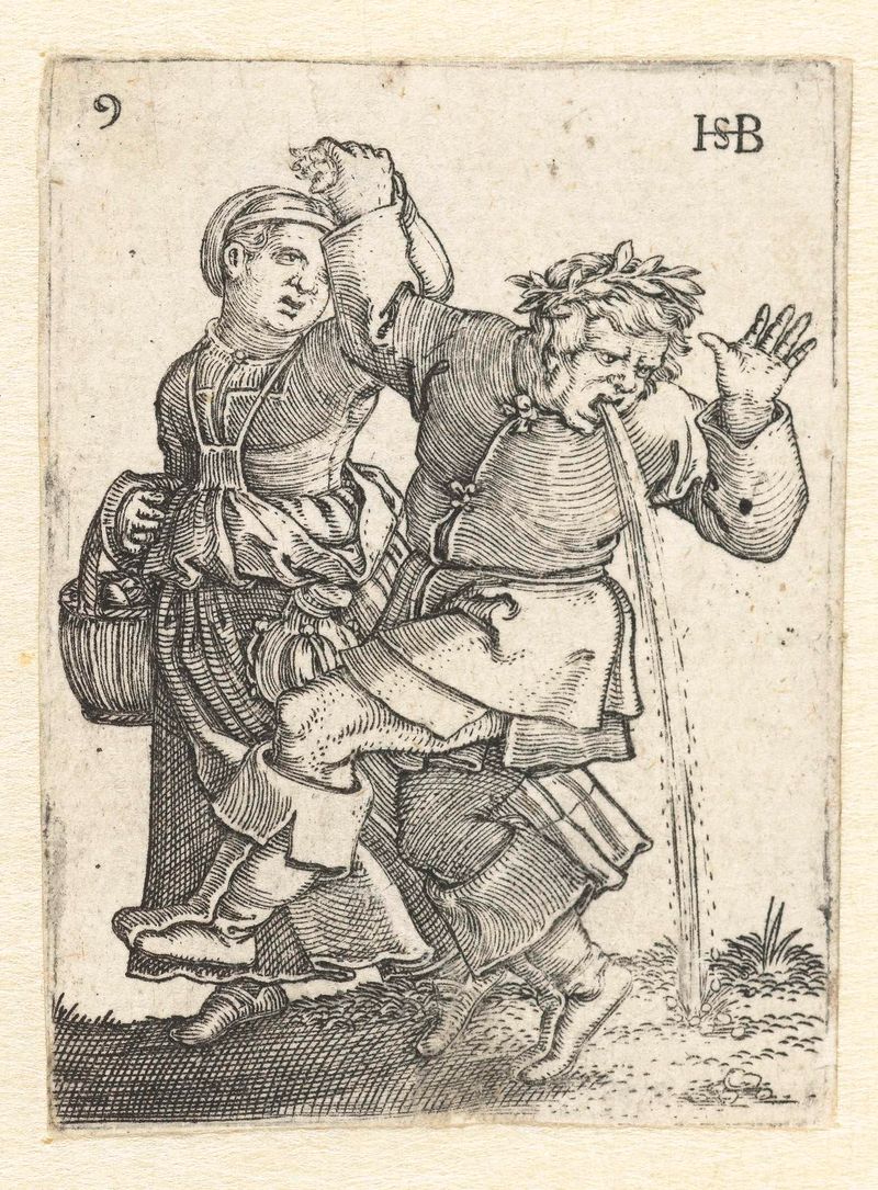 Gravura de Hans Sebald Beham representando um casal de agricultores dançando de perto.