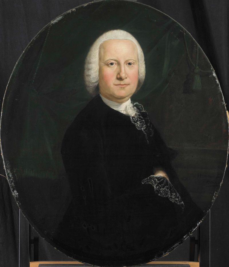 Retrato de Adriaan du Bois, óleo sobre lienzo de Jean Humbert, que muestra a un hombre con un abrigo azul.