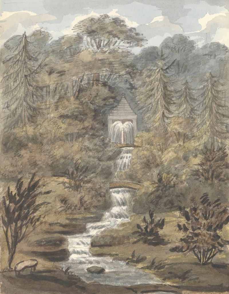 Watercolour by Anne Rushout depicting a waterfall and temple in Sezincote