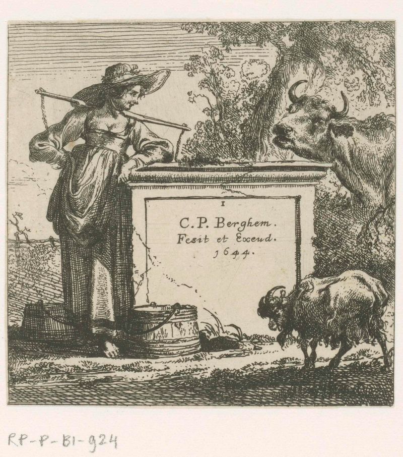 Grabado de Nicolaes Pietersz Berchem de una joven con una jarra, iluminada por luz cálida.