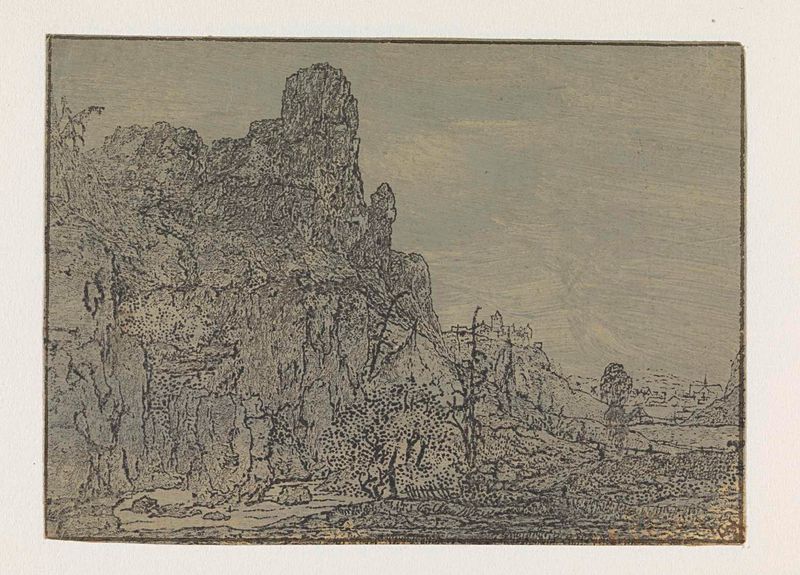 Landscape with a steep cliff, gravura de Hercules Segers