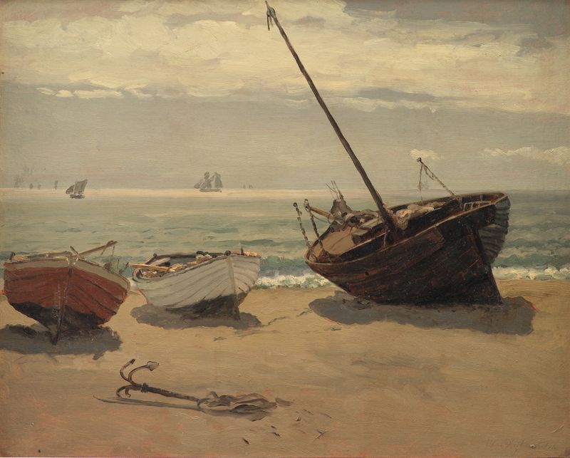 Pintura a óleo de paisagem de Wilhelm Xylander com figuras na praia.