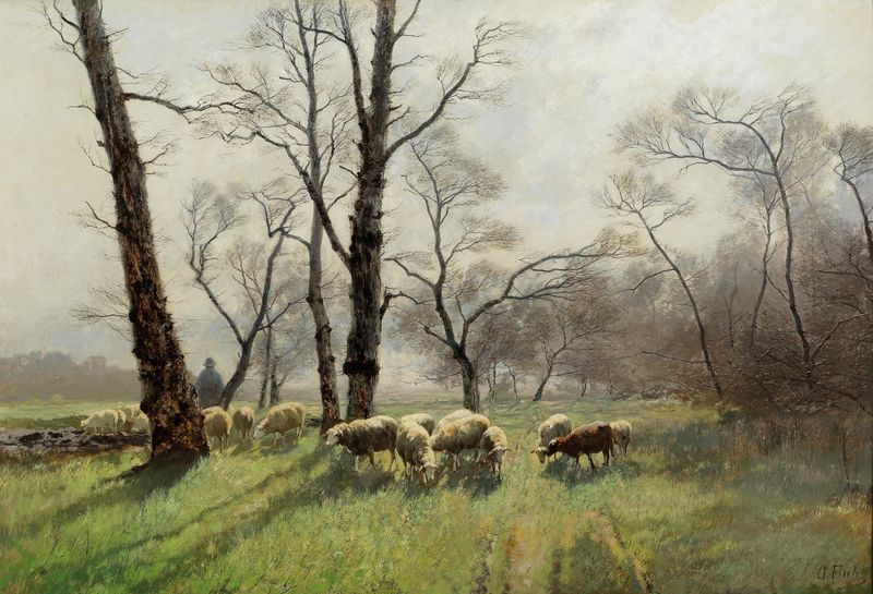 Shepherd with flock in evening light, oil on canvas by August Fink