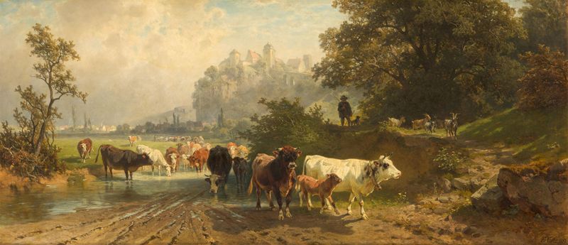 Oil painting by Johann Friedrich Voltz depicting a herdsman with cattle in a Bavarian landscape