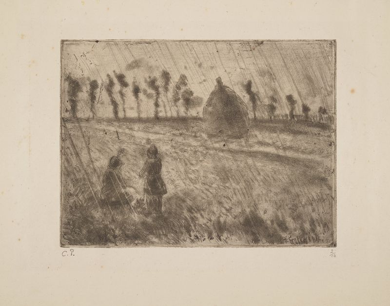 Rain Effect de Camille Pissarro, figuras con paraguas en una calle lluviosa, pintura al óleo