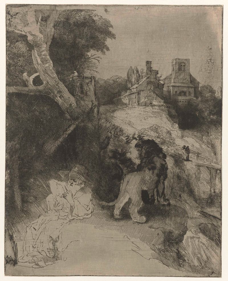 San Jerónimo leyendo en un paisaje italianizante, grabado de Rembrandt van Rijn