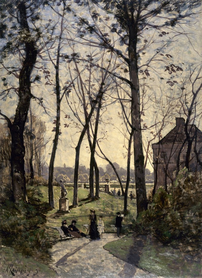 Le jardin du Luxembourg by Henri-Joseph Harpignies, oil on canvas depicting a serene garden with trees.