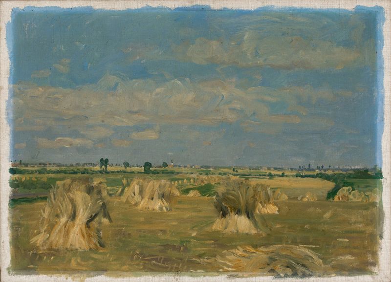 Landscape with sheaves, óleo sobre lienzo de Leopold von Kalckreuth, con trigo dorado en un entorno sereno.