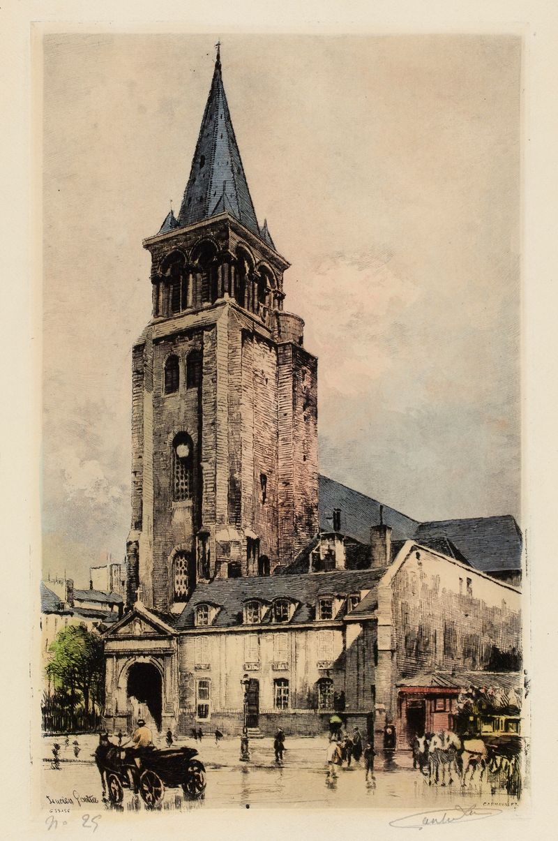 oil painting by Lucien Marcelin Gautier depicting a church and cobblestone square