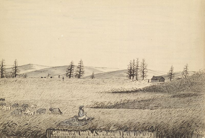 Cottonwood Creek, Sunday April 10th 1859 by Daniel A. Jenks, oil painting depicting a tranquil landscape.