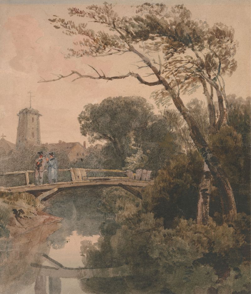 Acuarela de Peter DeWint que representa un viejo puente sobre un río en la naturaleza.