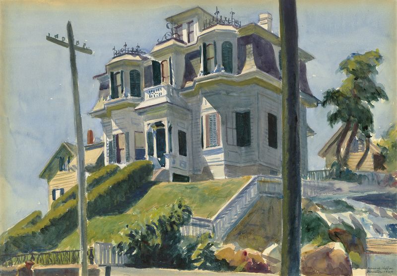 Haskell’s House by Edward Hopper, oil painting of a house illuminated by evening light.