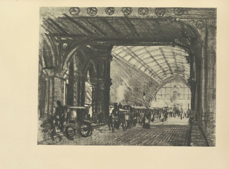 Litografía de St. Pancras Station de Joseph Pennell, con arcos intrincados y arquitectura urbana.