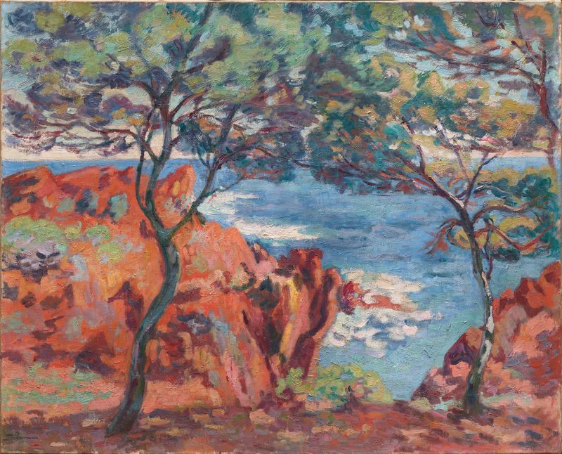 Rochers de l’Ile Besse, Agay de Armand Guillaumin, óleo sobre tela representando falésias rochosas e luz natural